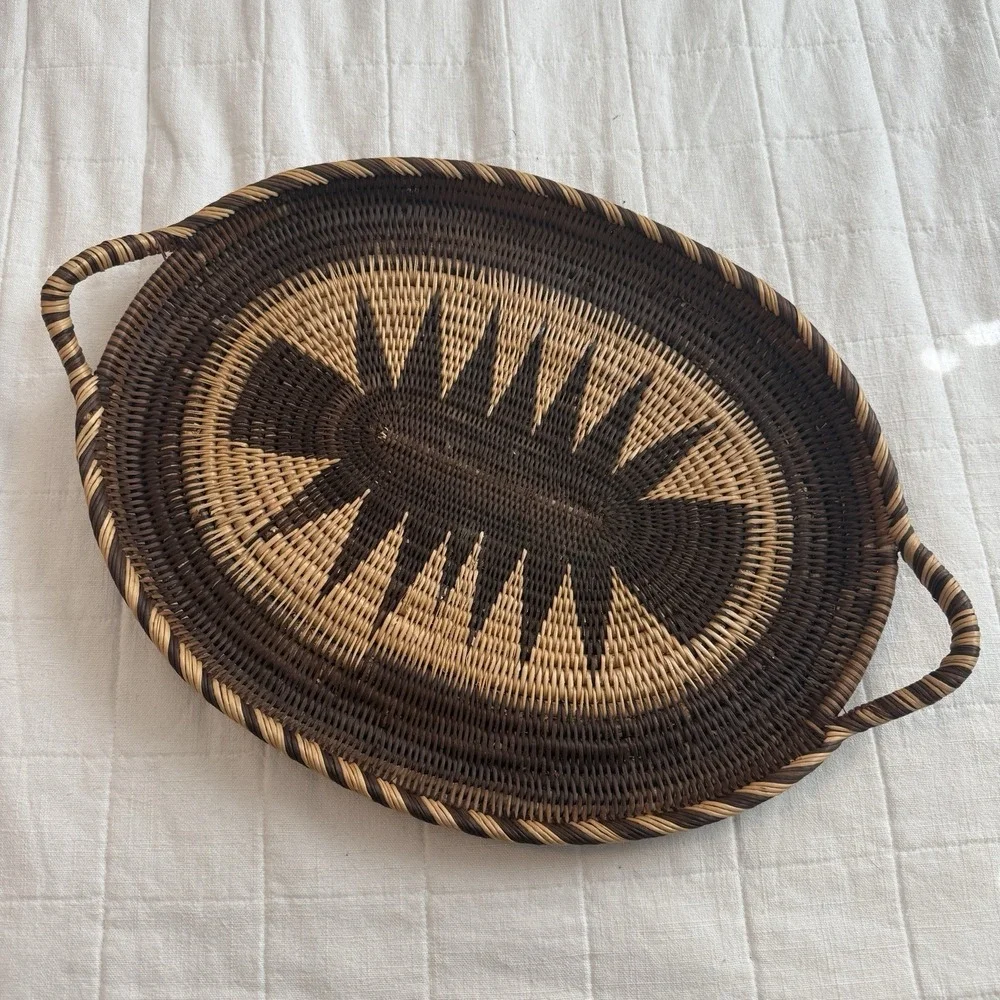 Papua New Guinea Buka Oval Woven Basket Tray 18″ Sunburst Handles 1960s VTG